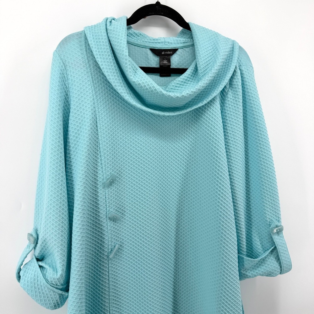 Ali Miles Womens Aqua Blue Waffle Knit Cowl Neck Roll Tab Sleeve Tunic Top Large - Picture 3 of 10